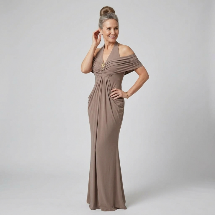 Ernestine™ Draped Halter Cold-Shoulder Maxi Dress in Taupe, halter neckline detail