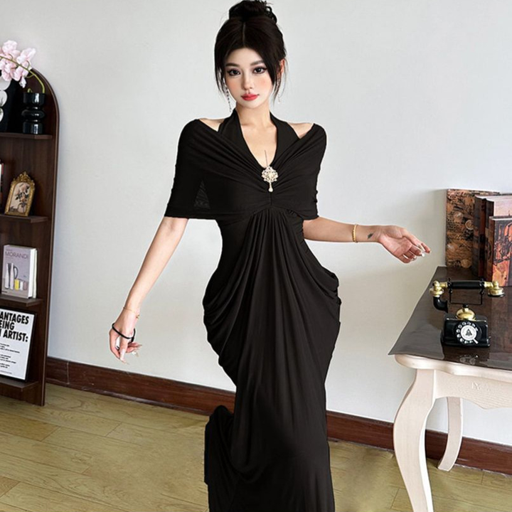 Ernestine™ Draped Halter Cold-Shoulder Maxi Dress in Black, full length