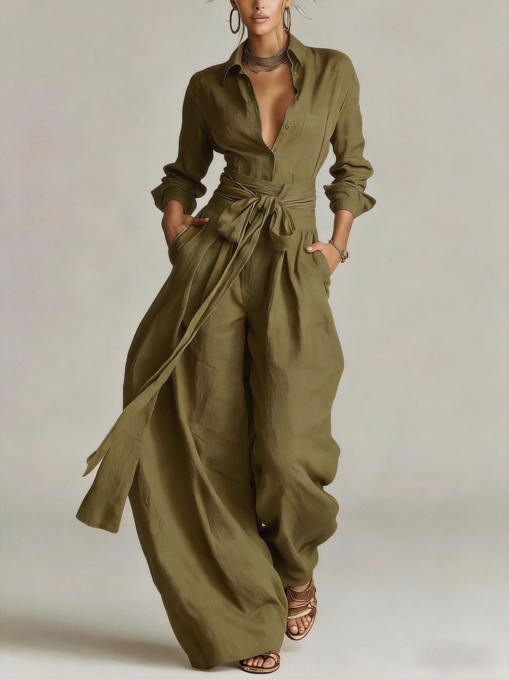 Betty™ Tie-Waist Wide-Leg Two-Piece Set in Olive, full outfit