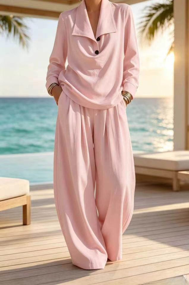 Ottilie™ Collared Pullover Top and Wide Leg Pants Set in pink, full length view