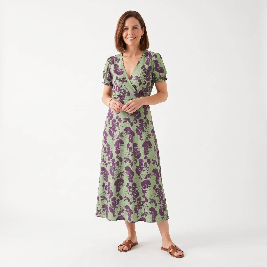 Virel™ Relaxed Floral Midi Dress, front view showing the short puff sleeves