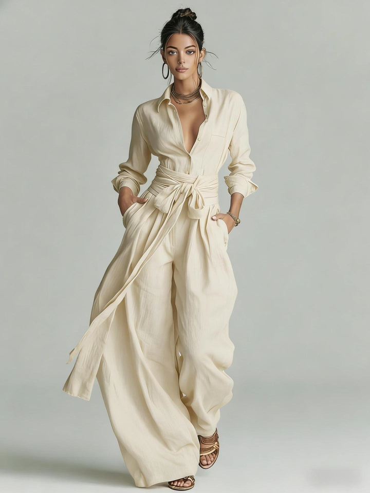 Betty™ Tie-Waist Wide-Leg Two-Piece Set in Cream, full outfit