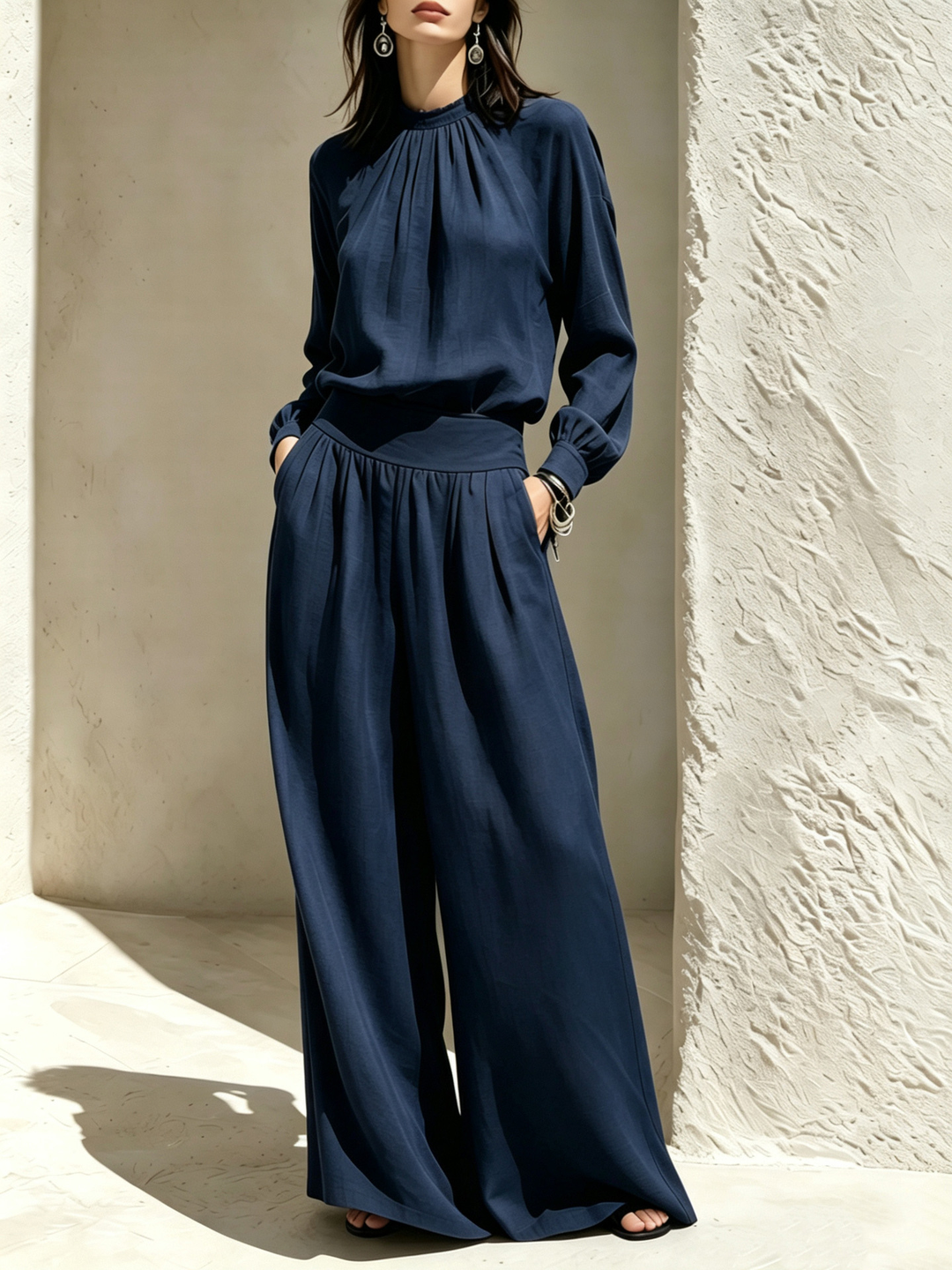 Bertha™ Gathered Neck Wide-Leg Two-Piece Set in Navy, full outfit