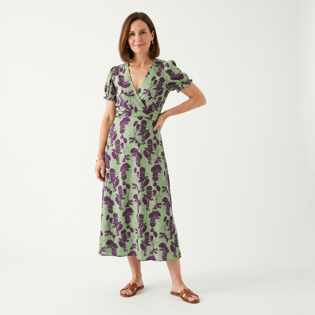 Virel™ Relaxed Floral Midi Dress in sage green with a purple floral print, full length view