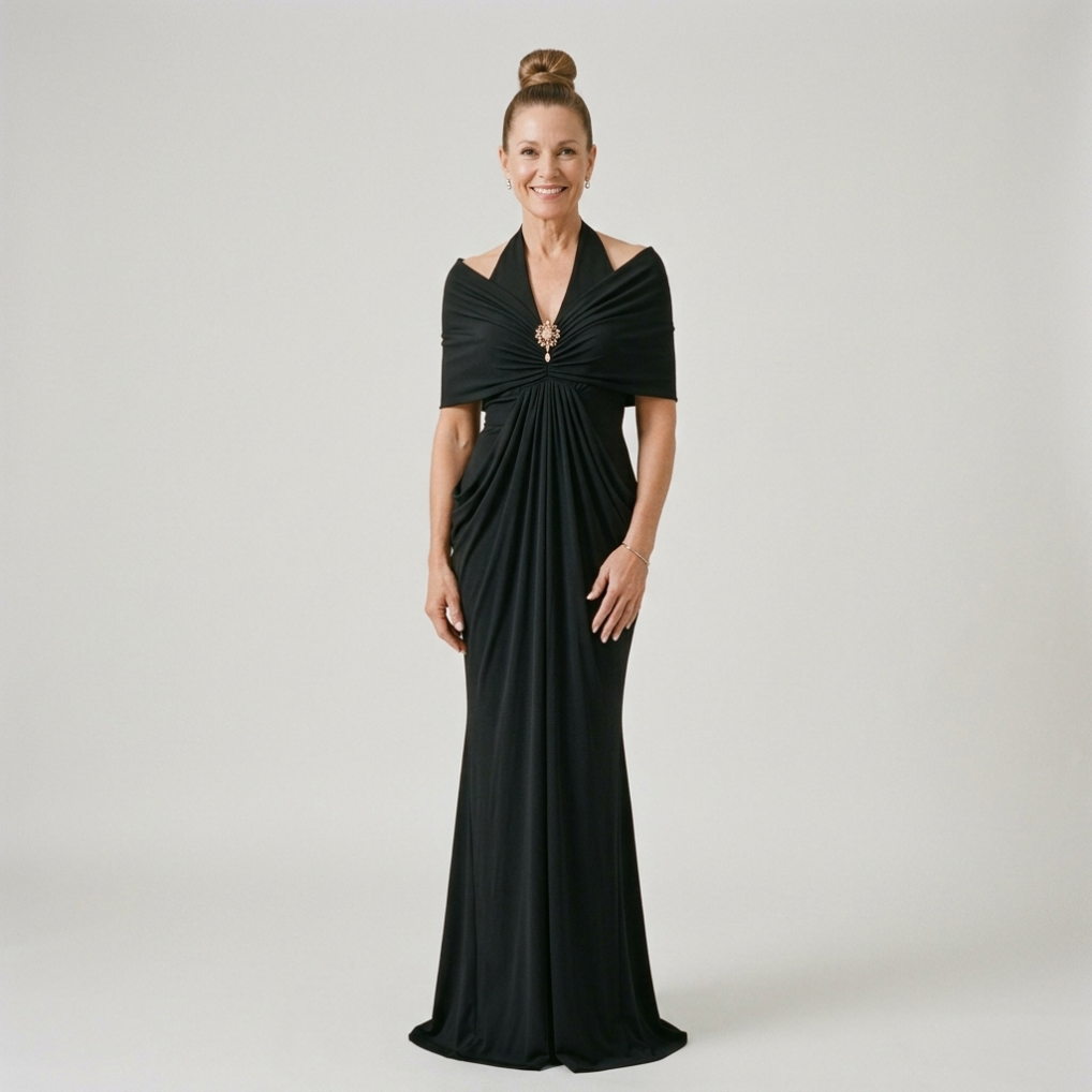 Ernestine™ Draped Halter Cold-Shoulder Maxi Dress in Black, front view
