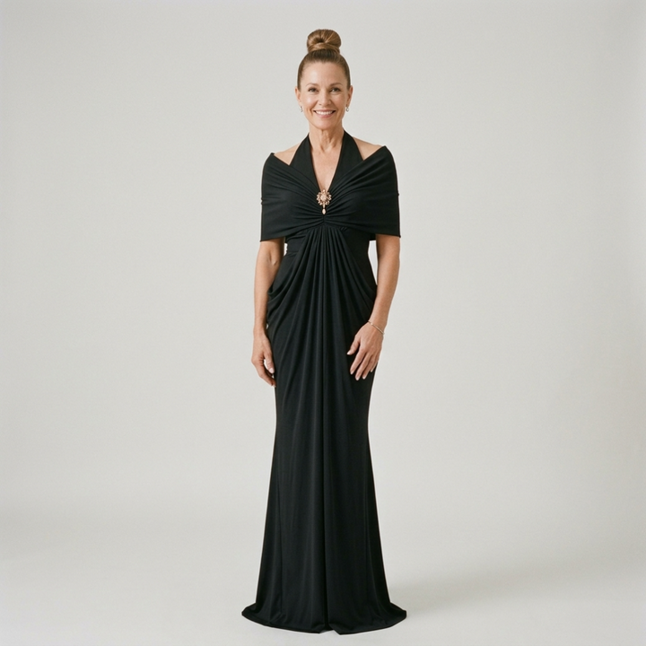 Ernestine™ Draped Halter Cold-Shoulder Maxi Dress in Black, front view