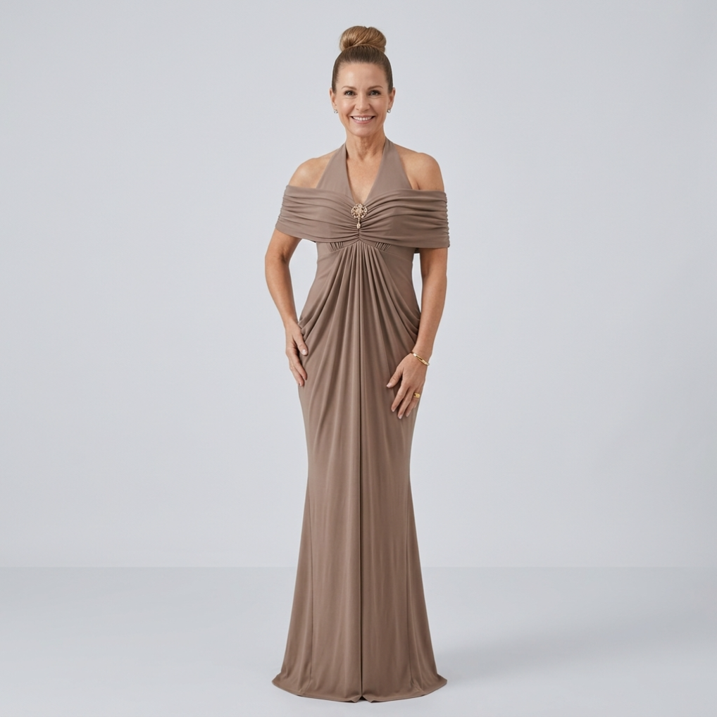 Ernestine™ Draped Halter Cold-Shoulder Maxi Dress in Taupe, full length