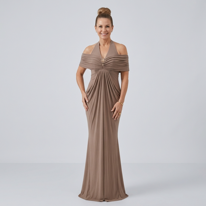 Ernestine™ Draped Halter Cold-Shoulder Maxi Dress in Taupe, full length