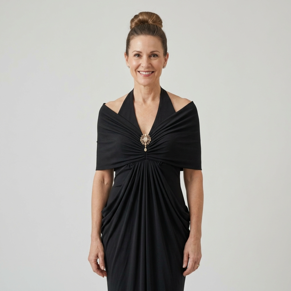 Ernestine™ Draped Halter Cold-Shoulder Maxi Dress in Black, draped bodice and brooch
