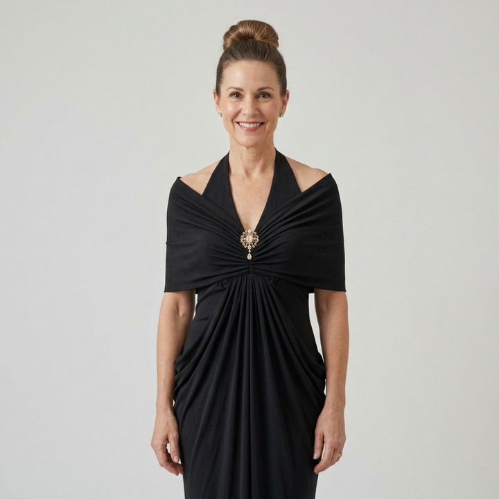 Ernestine™ Draped Halter Cold-Shoulder Maxi Dress in Black, draped bodice and brooch