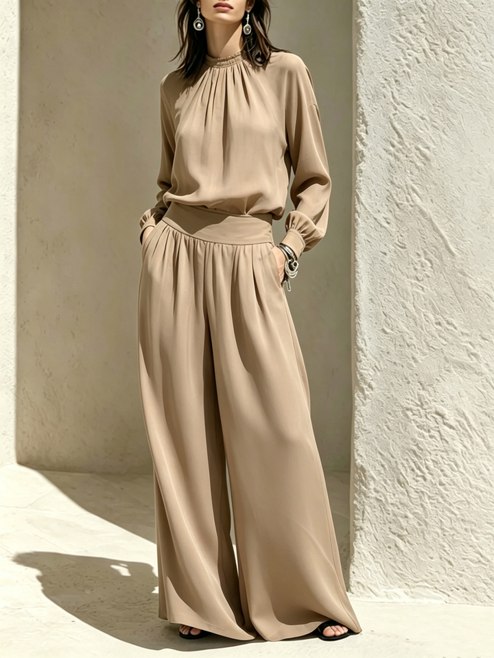 Bertha™ Gathered Neck Wide-Leg Two-Piece Set in Taupe, full outfit