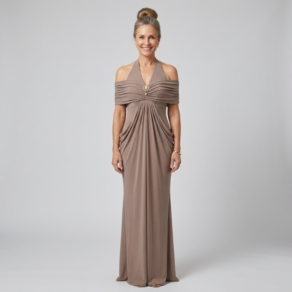 Ernestine™ Draped Halter Cold-Shoulder Maxi Dress in Taupe, front view
