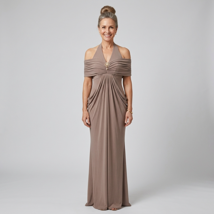 Ernestine™ Draped Halter Cold-Shoulder Maxi Dress in Taupe, front view