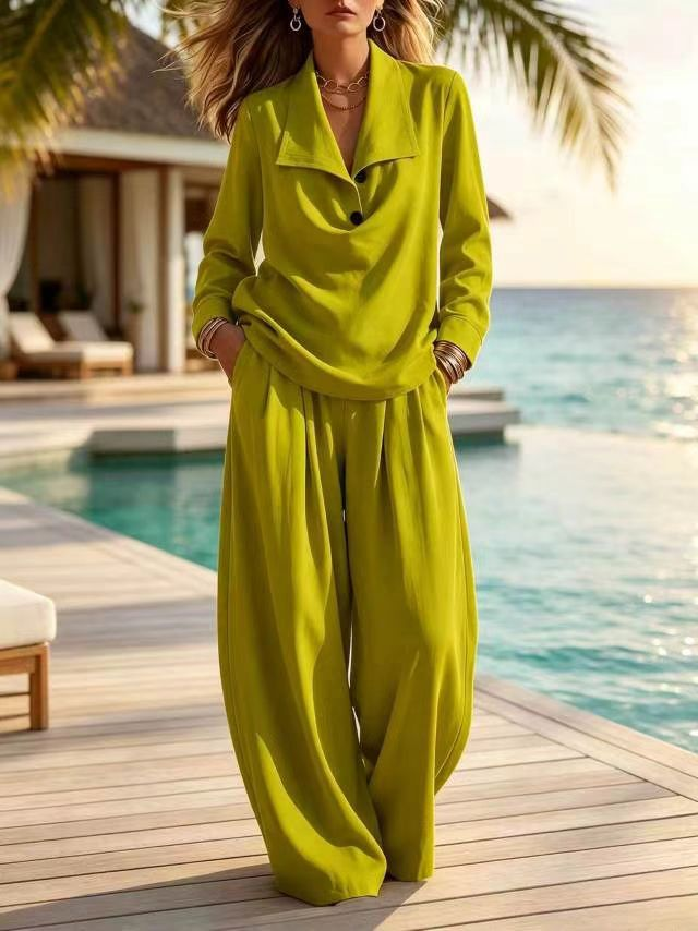 Ottilie™ Collared Pullover Top and Wide Leg Pants Set in lime, full length view