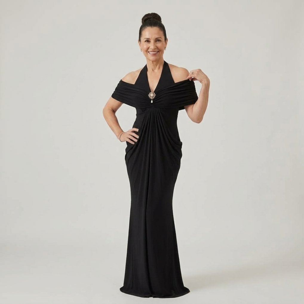Ernestine™ Draped Halter Cold-Shoulder Maxi Dress in Black, full length