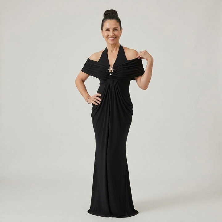 Ernestine™ Draped Halter Cold-Shoulder Maxi Dress in Black, full length