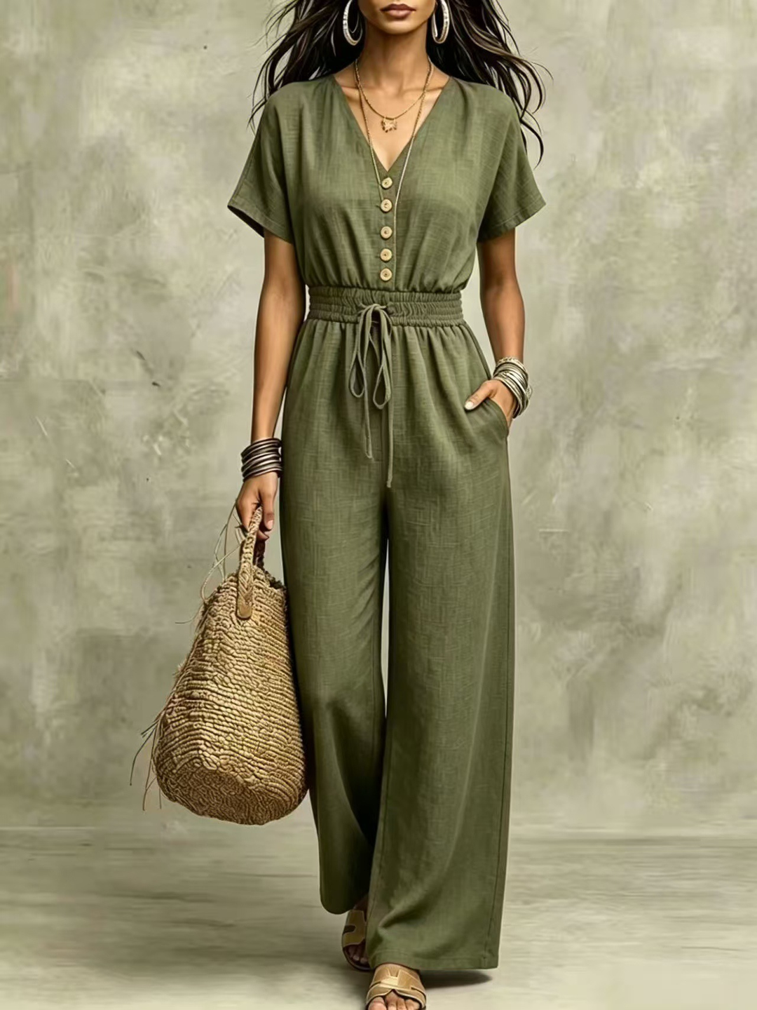 Etta™ V-Neck Wide-Leg Jumpsuit in olive, front view