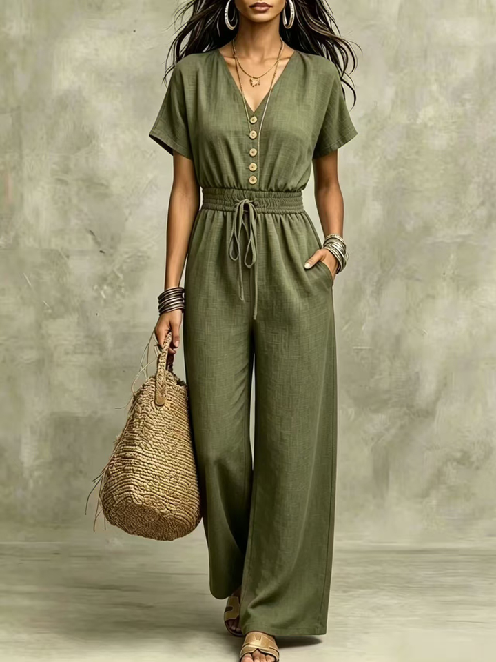 Etta™ V-Neck Wide-Leg Jumpsuit in olive, front view