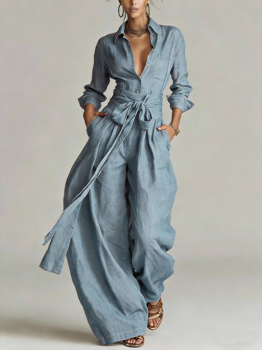 Betty™ Tie-Waist Wide-Leg Two-Piece Set in Denim Blue, full outfit