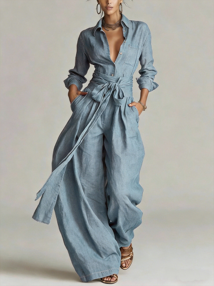 Betty™ Tie-Waist Wide-Leg Two-Piece Set in Denim Blue, full outfit