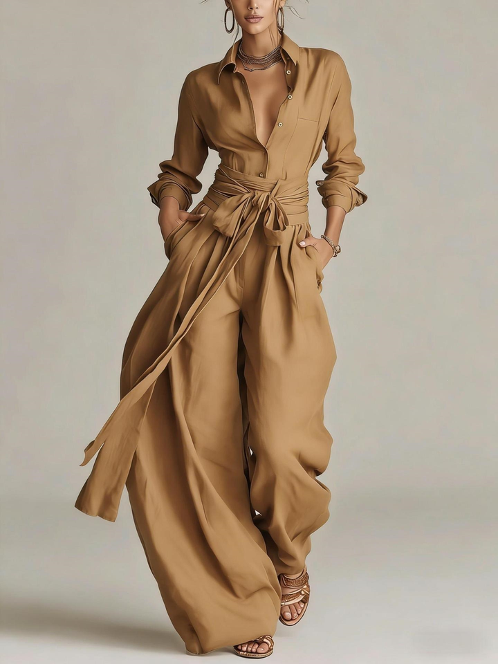 Betty™ Tie-Waist Wide-Leg Two-Piece Set in Camel, full outfit