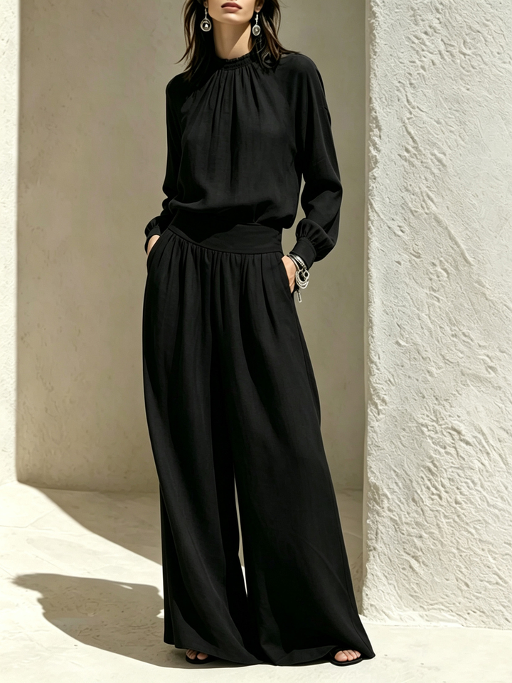 Bertha™ Gathered Neck Wide-Leg Two-Piece Set in Black, full outfit