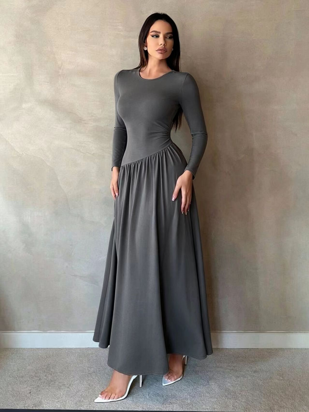 Maxine™ Gathered Waist Long Sleeve Maxi Dress in gray, full length view