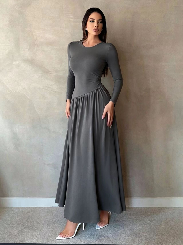 Maxine™ Gathered Waist Long Sleeve Maxi Dress in gray, full length view