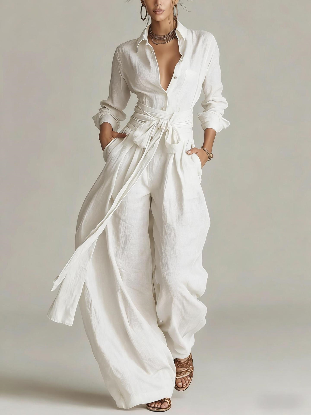 Betty™ Tie-Waist Wide-Leg Two-Piece Set in White, full outfit