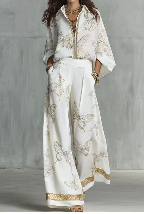 Prudence™ Gilded Butterfly Print Wide-Leg Two-Piece Set in White, full outfit