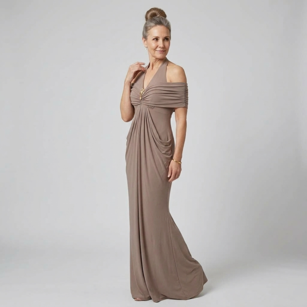 Ernestine™ Draped Halter Cold-Shoulder Maxi Dress in Taupe, side view