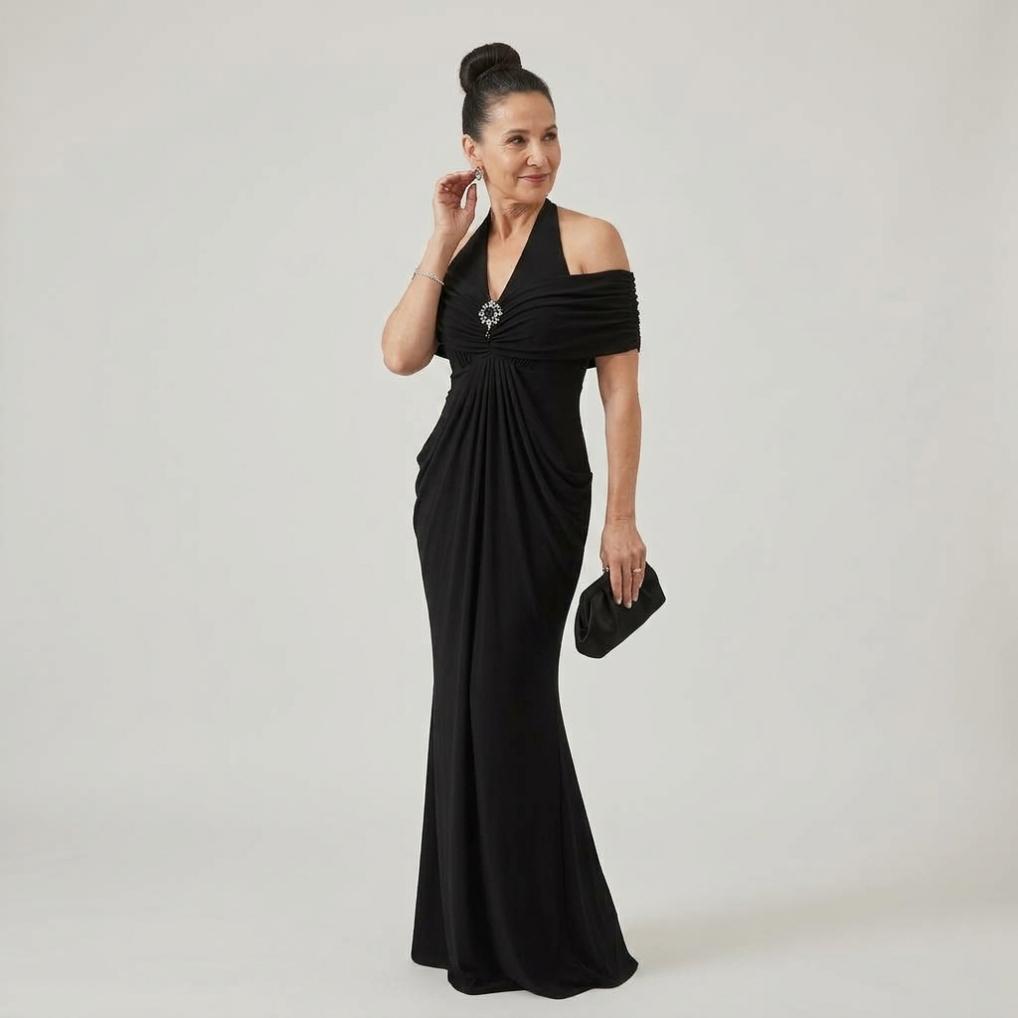 Ernestine™ Draped Halter Cold-Shoulder Maxi Dress in Black, evening look with clutch