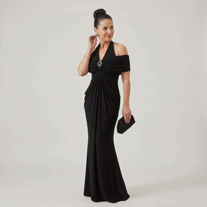 Ernestine™ Draped Halter Cold-Shoulder Maxi Dress in Black, evening look with clutch