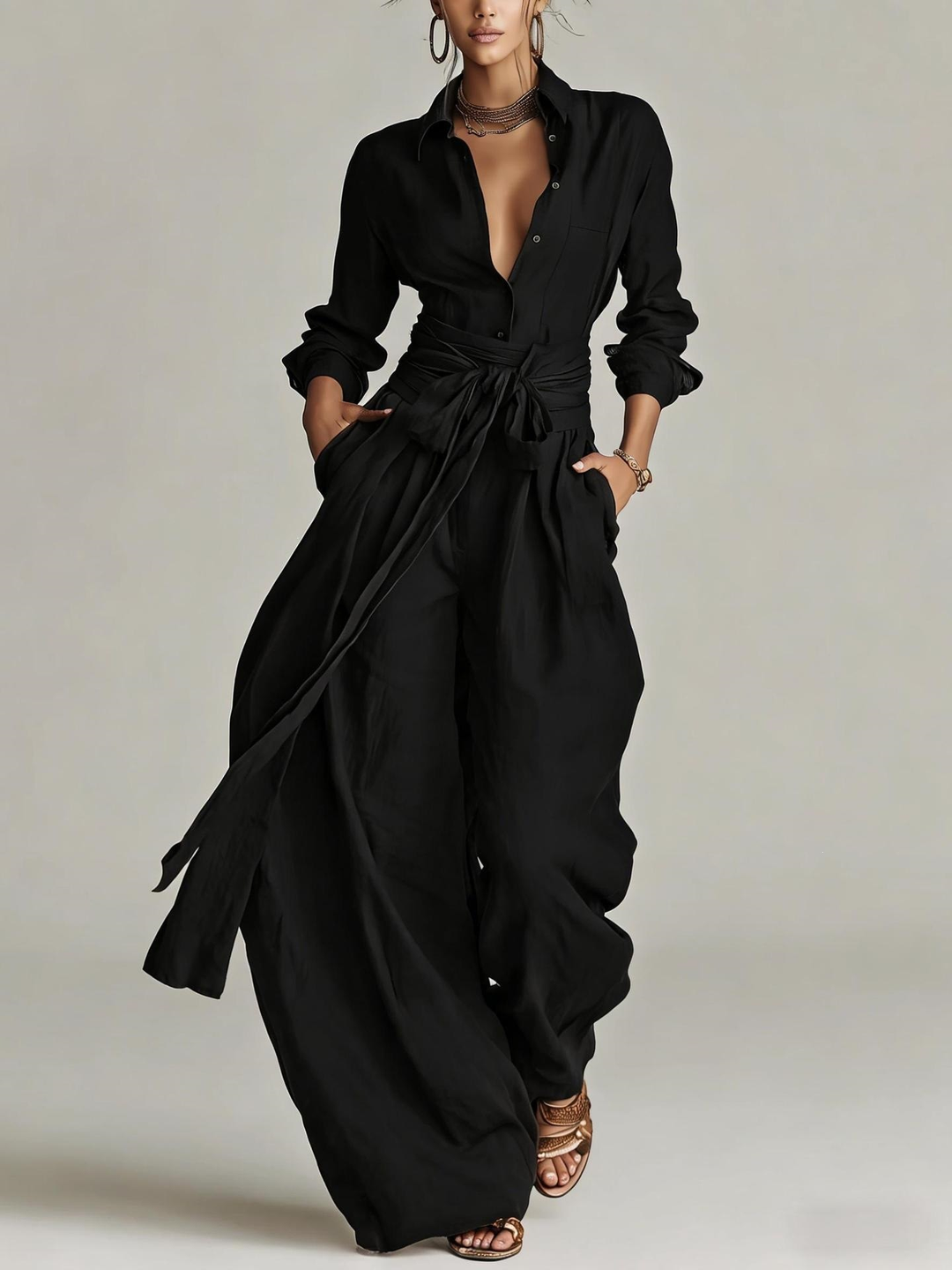 Betty™ Tie-Waist Wide-Leg Two-Piece Set in Black, full outfit