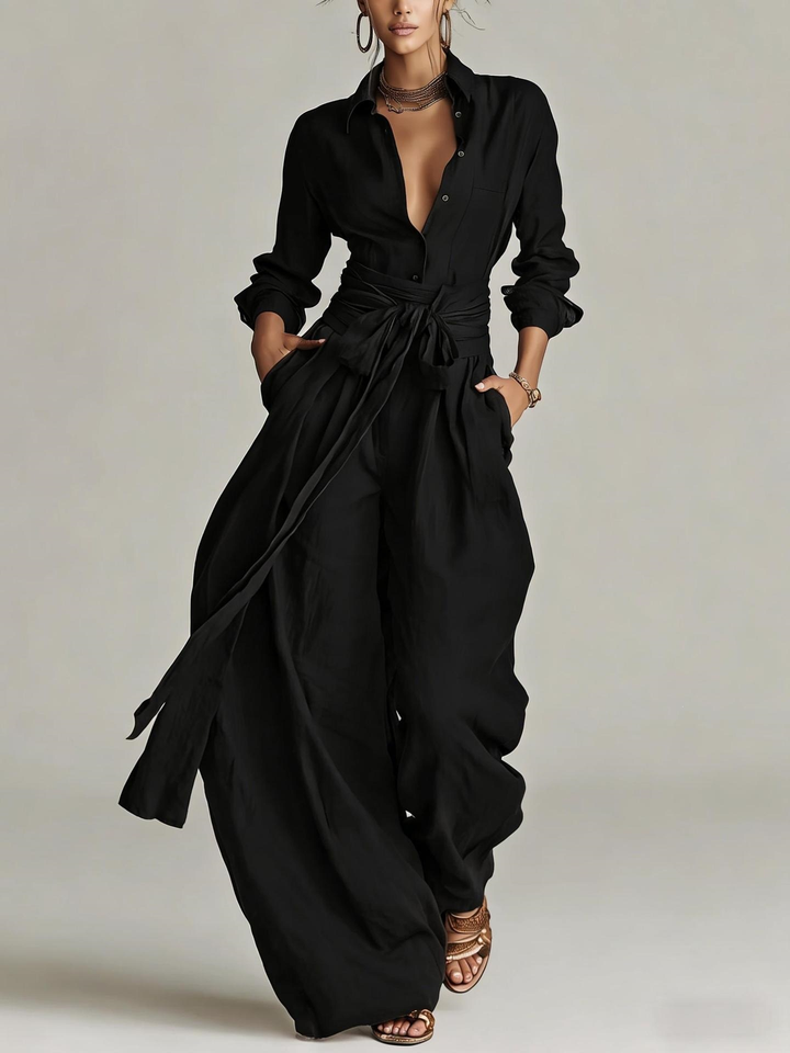 Betty™ Tie-Waist Wide-Leg Two-Piece Set in Black, full outfit