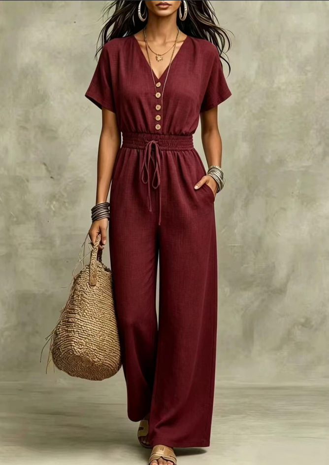 Etta™ V-Neck Wide-Leg Jumpsuit in wine, front view