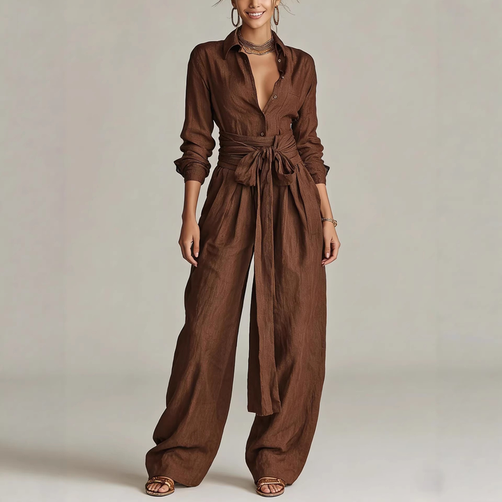 Betty™ Tie-Waist Wide-Leg Two-Piece Set in Brown, full outfit