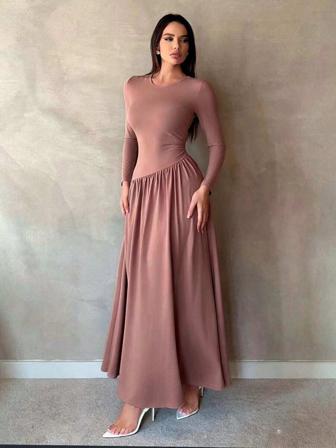 Maxine™ Gathered Waist Long Sleeve Maxi Dress in mauve, full length view