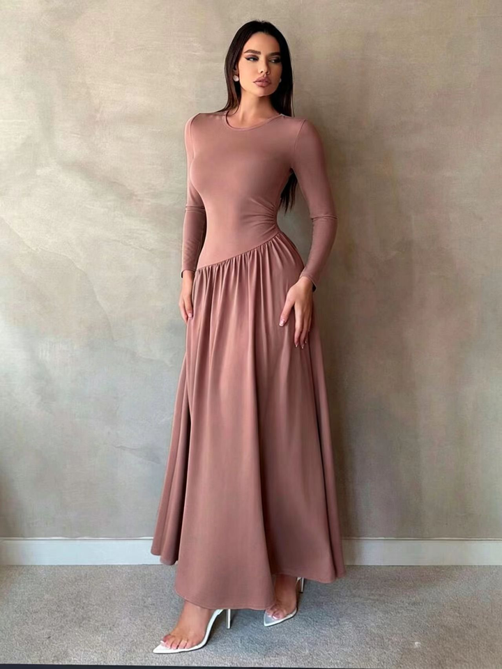 Maxine™ Gathered Waist Long Sleeve Maxi Dress in mauve, full length view
