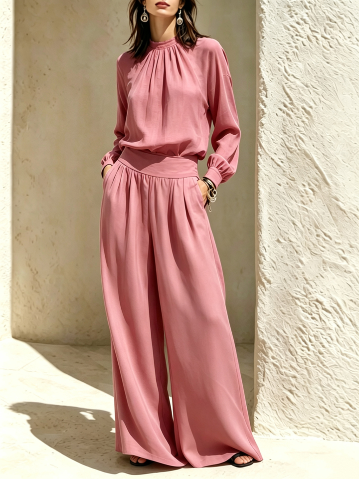 Bertha™ Gathered Neck Wide-Leg Two-Piece Set in Dusty Pink, full outfit