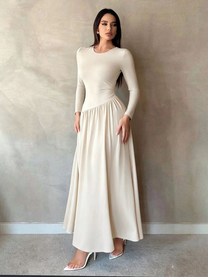 Maxine™ Gathered Waist Long Sleeve Maxi Dress in cream, full length view