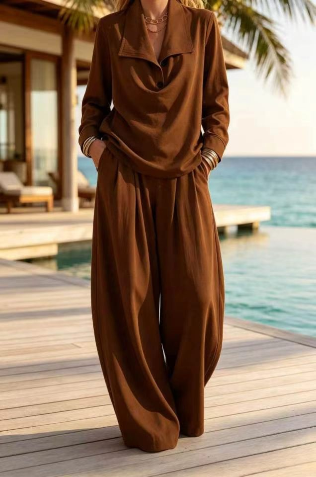 Ottilie™ Collared Pullover Top and Wide Leg Pants Set in brown, full length view