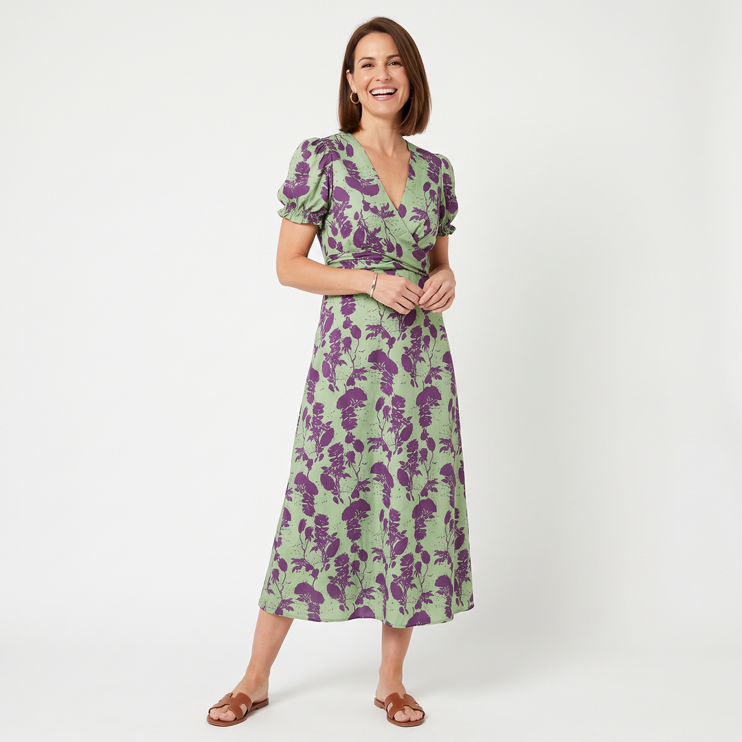 Virel™ Relaxed Floral Midi Dress, closer view of the wrap bodice and V-neckline