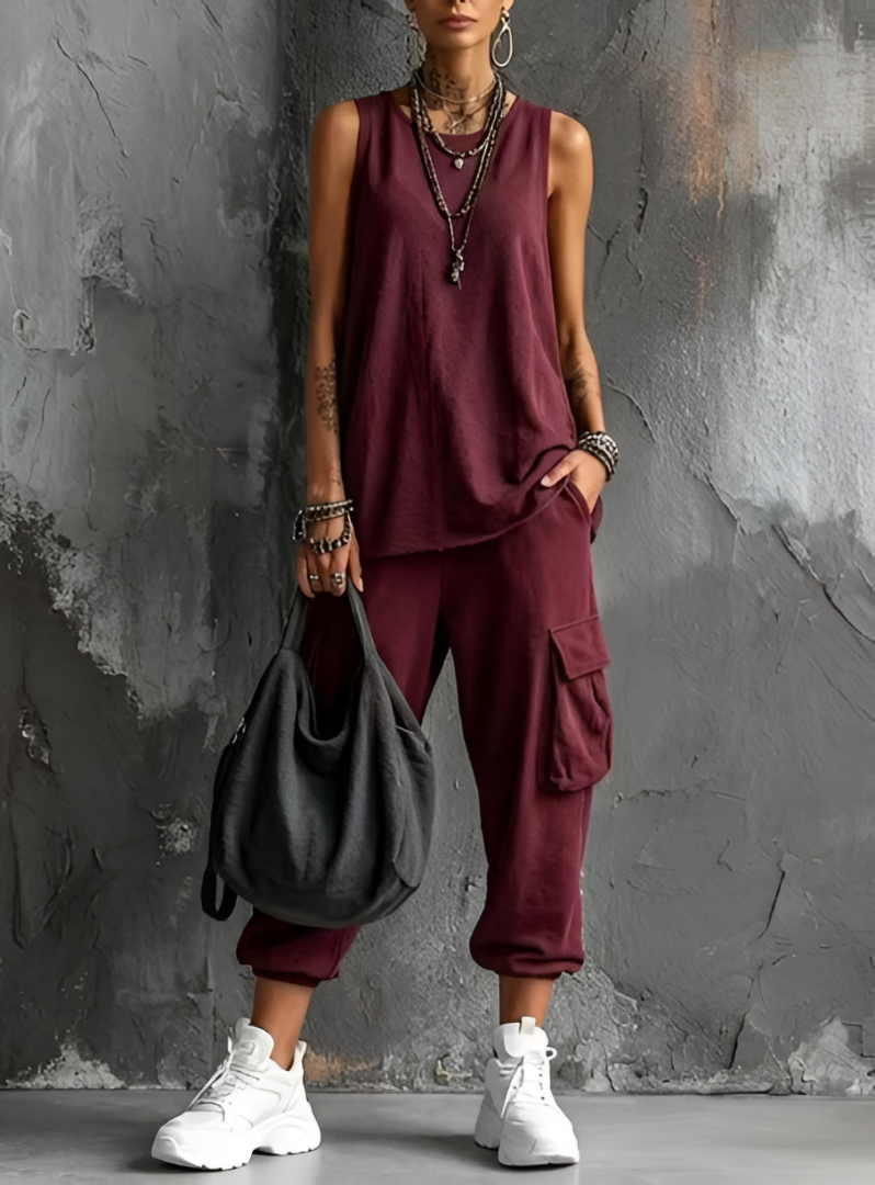 Joyce™ Cargo Pocket Two-Piece Set in burgundy