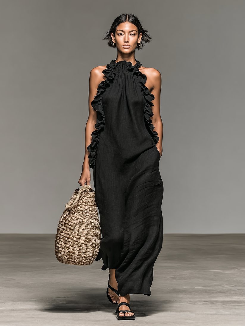 Jeanette™ Ruffle Trim Maxi Dress in black, front view