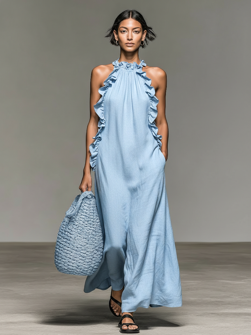 Jeanette™ Ruffle Trim Maxi Dress in blue, front view
