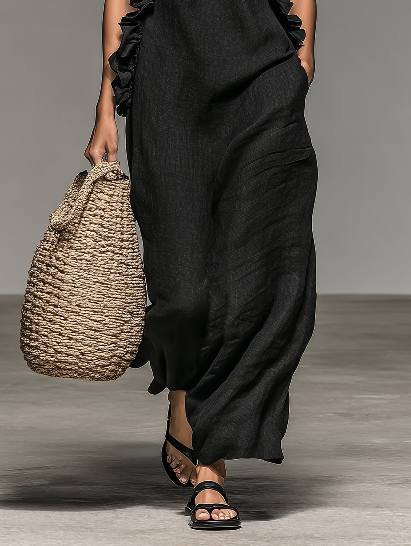 Jeanette™ Ruffle Trim Maxi Dress showing the high neckline