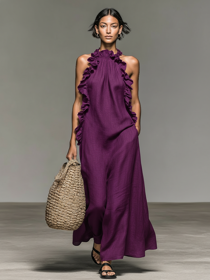 Jeanette™ Ruffle Trim Maxi Dress in purple, front view