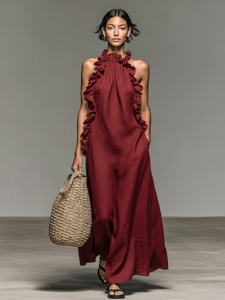 Jeanette™ Ruffle Trim Maxi Dress in red, front view