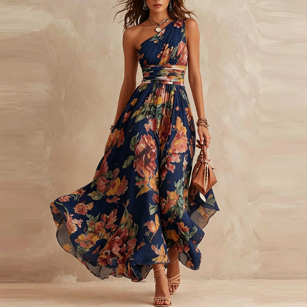 June™ One-Shoulder Floral Maxi Dress in navy floral, front view